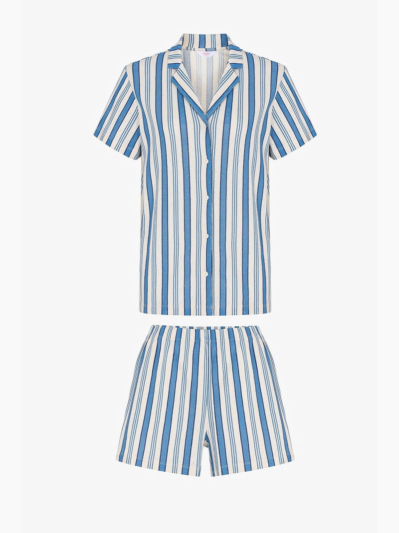 Gestreepte pointelle pyjamaset met kortemouwshirt en short penti Wit Blauw - Kiabi