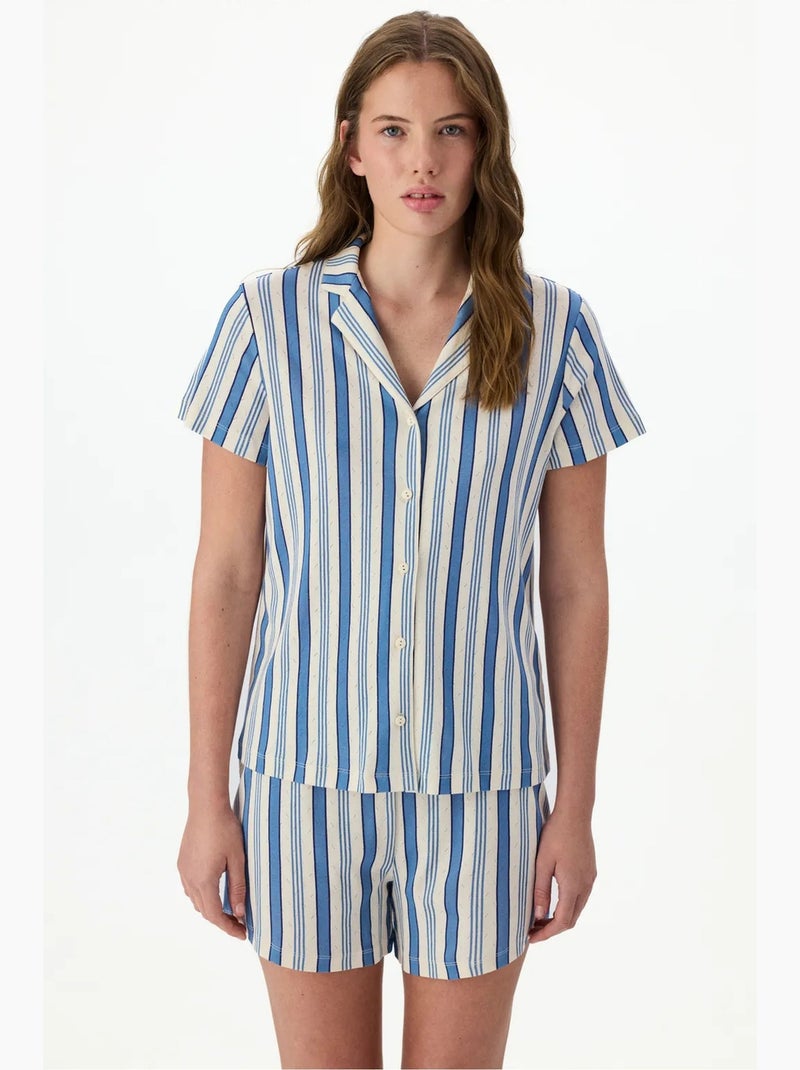 Gestreepte pointelle pyjamaset met kortemouwshirt en short penti Wit Blauw - Kiabi