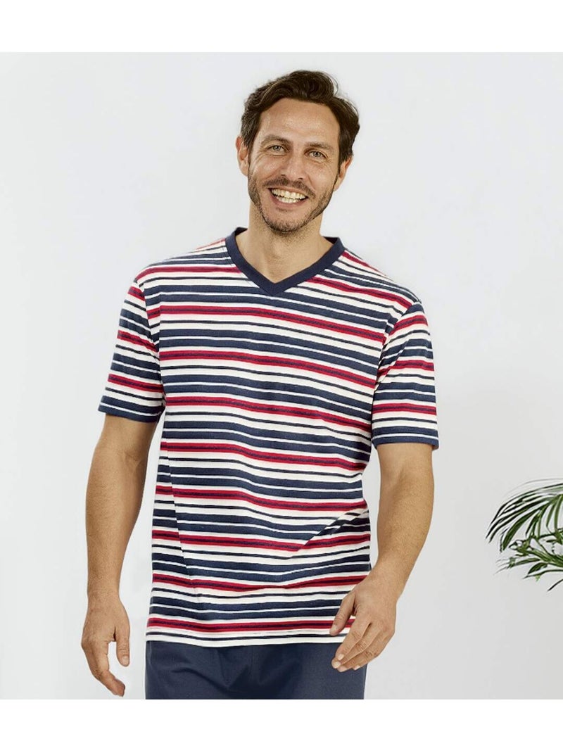 Gestreepte pyjama met V-hals - ATLAS FOR MEN Marineblauw - Kiabi