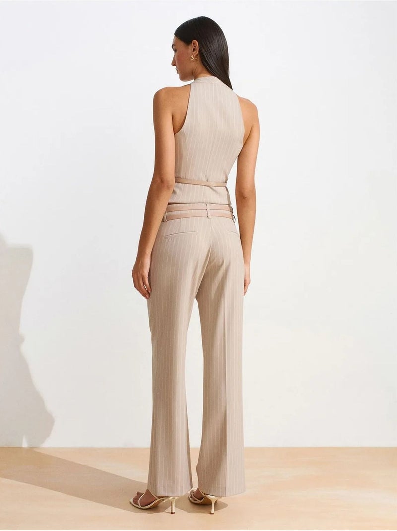 Gestreepte rechte broek met ceintuur dilvin Lichtbeige - Kiabi