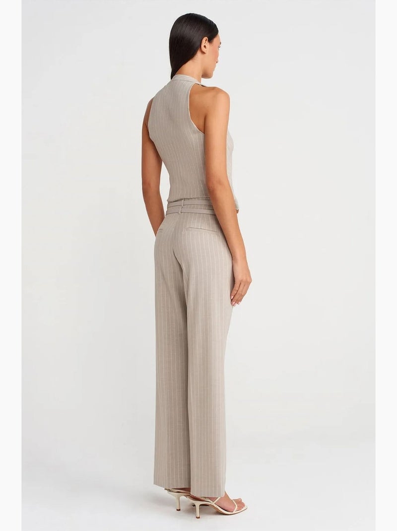 Gestreepte rechte broek met ceintuur dilvin Natuurlijk beige - Kiabi