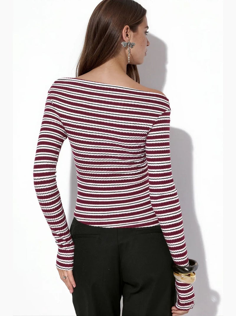 Gestreepte ribgebreide top met boothals busem Bordeauxrood - Kiabi