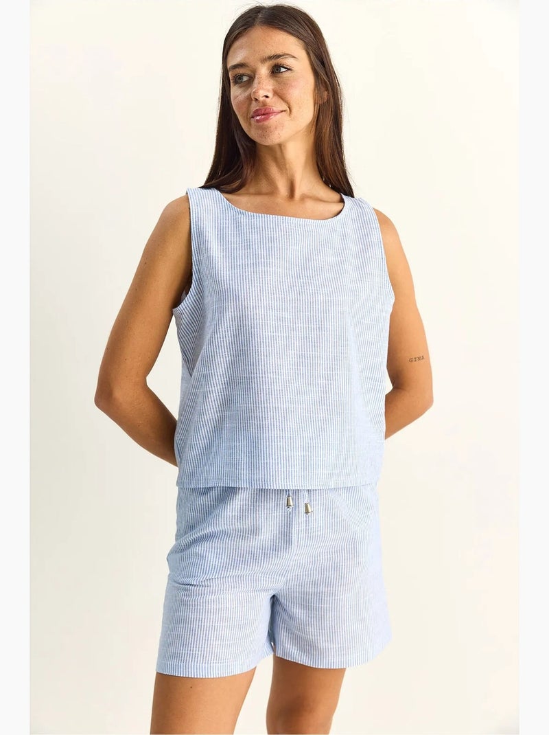 Gestreepte seersucker blouse- en shortset lucci Hemelsblauw - Kiabi