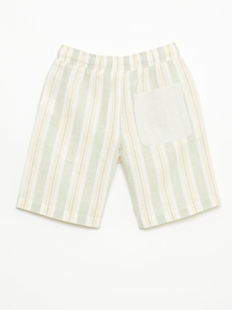 Gestreepte short met elastische taille van linnen en katoen Groen - Kiabi