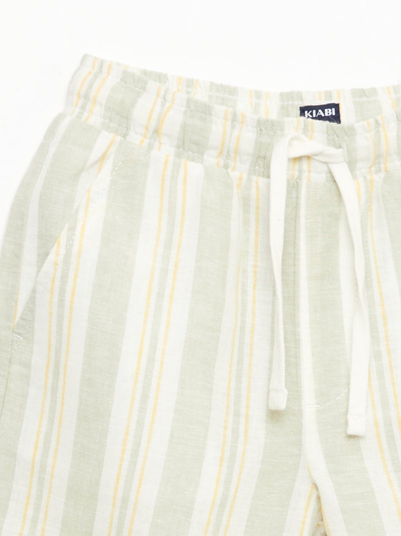 Gestreepte short met elastische taille van linnen en katoen Groen - Kiabi