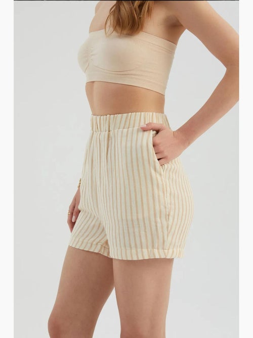 Gestreepte shorts met hoge taille en elastische taille hiccup - Kiabi Gestreepte shorts met hoge taille en elastische taille hiccup - Kiabi