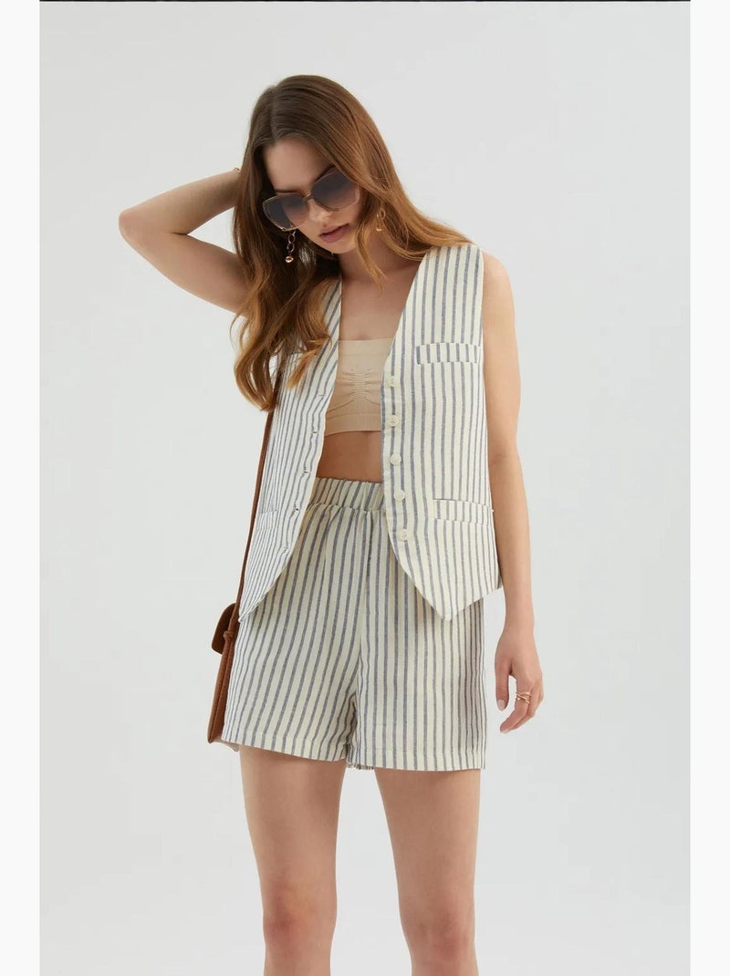 Gestreepte shorts met hoge taille en elastische taille hiccup Natuurlijk beige - Kiabi