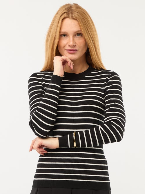 Gestreepte trui van ribstof met ronde kraag - Kiabi