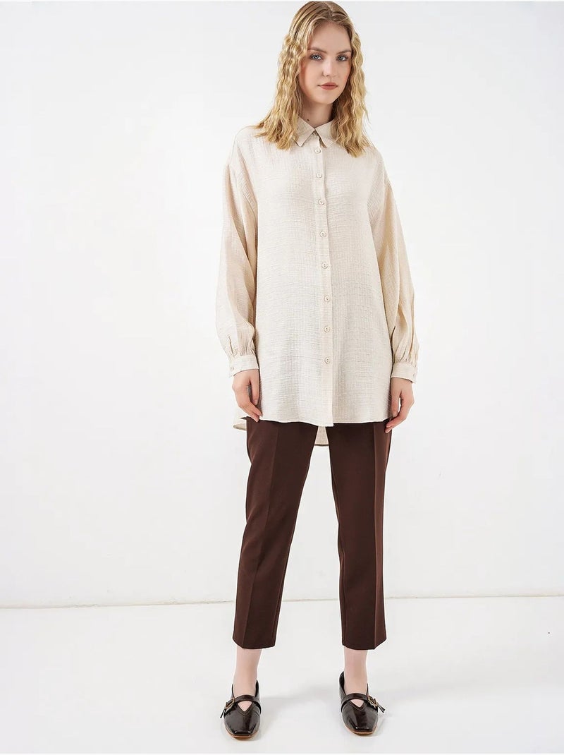 Gestructureerde lange oversized blouse met blousekraag bdart Crème - Kiabi