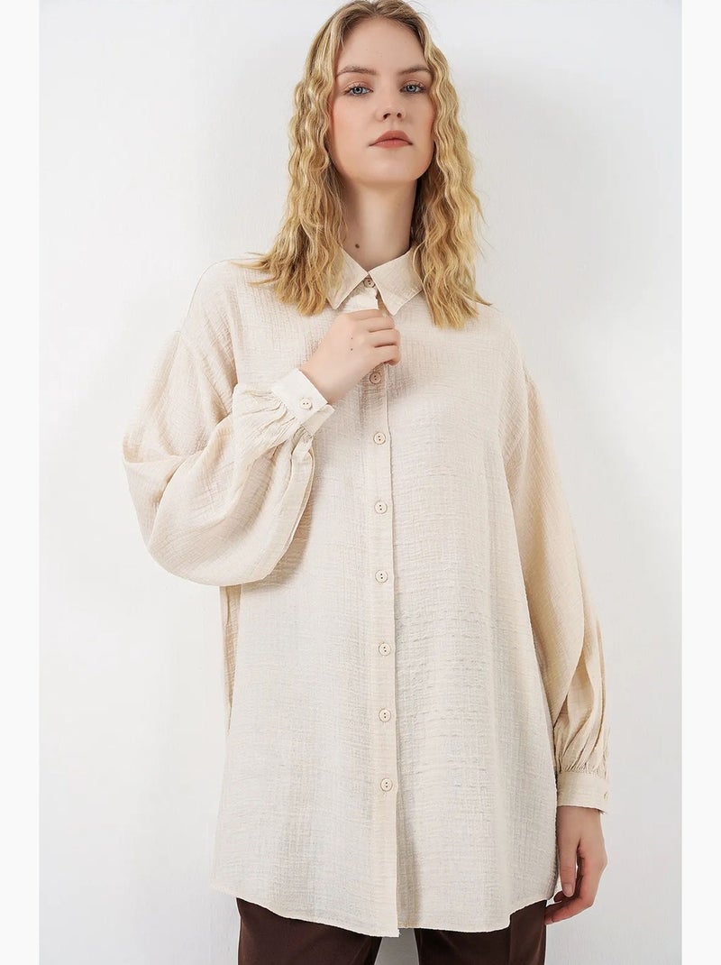 Gestructureerde lange oversized blouse met blousekraag bdart Crème - Kiabi