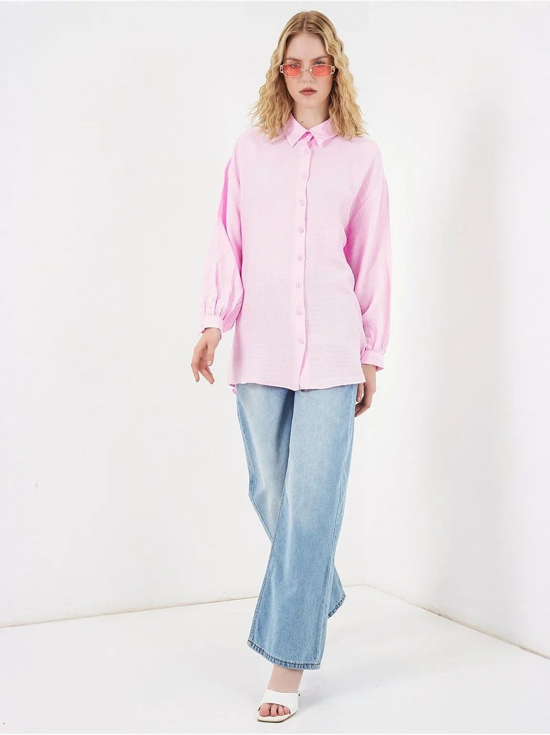 Gestructureerde lange oversized blouse met blousekraag bdart Lichtroze - Kiabi
