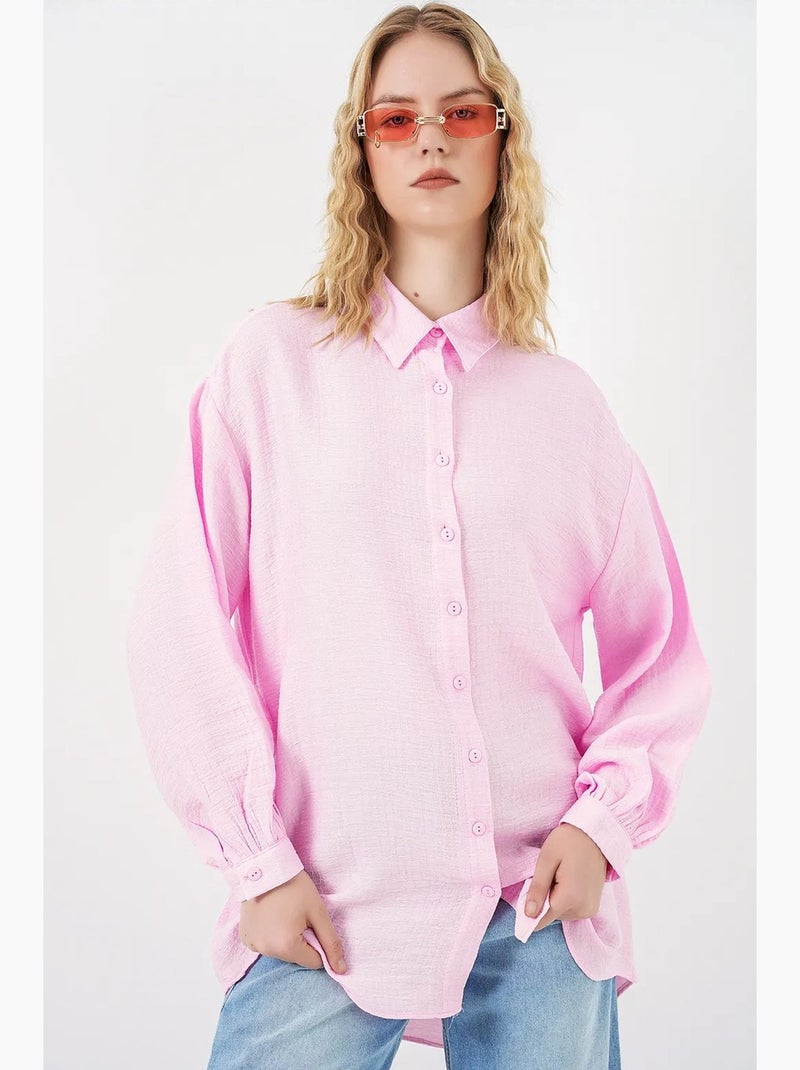 Gestructureerde lange oversized blouse met blousekraag bdart Lichtroze - Kiabi