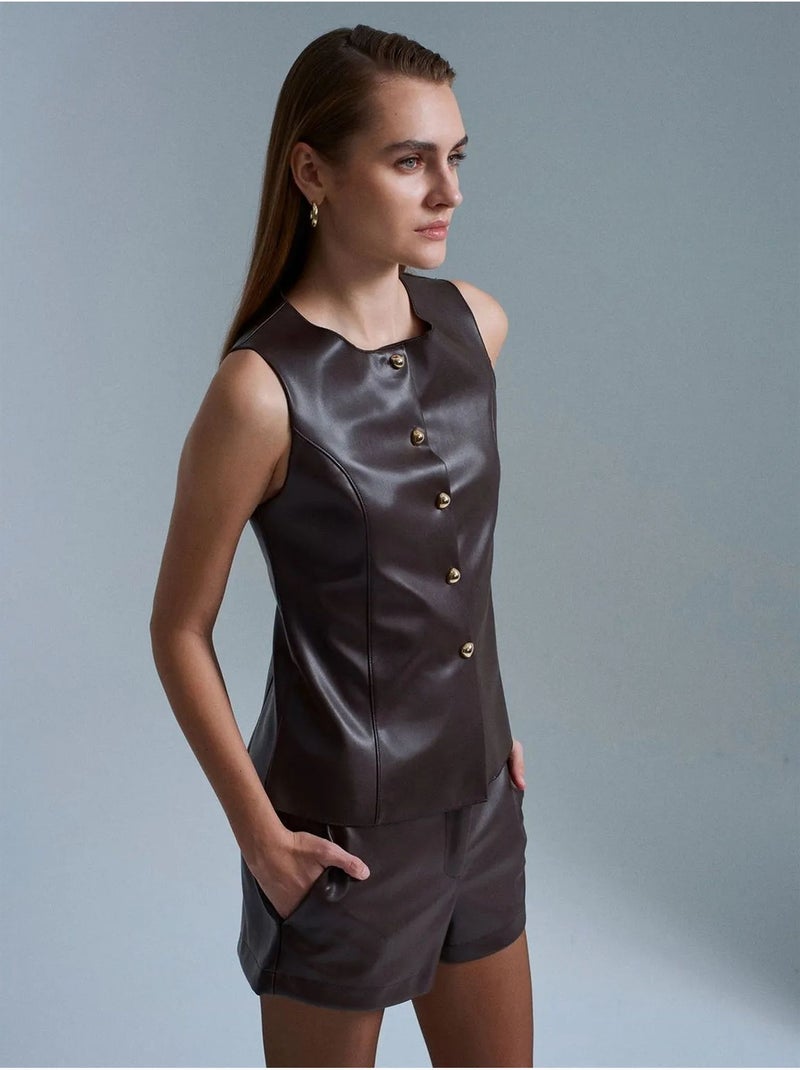Getailleerd gilet van imitatieleer met knopen dilvin Donkerbruin - Kiabi