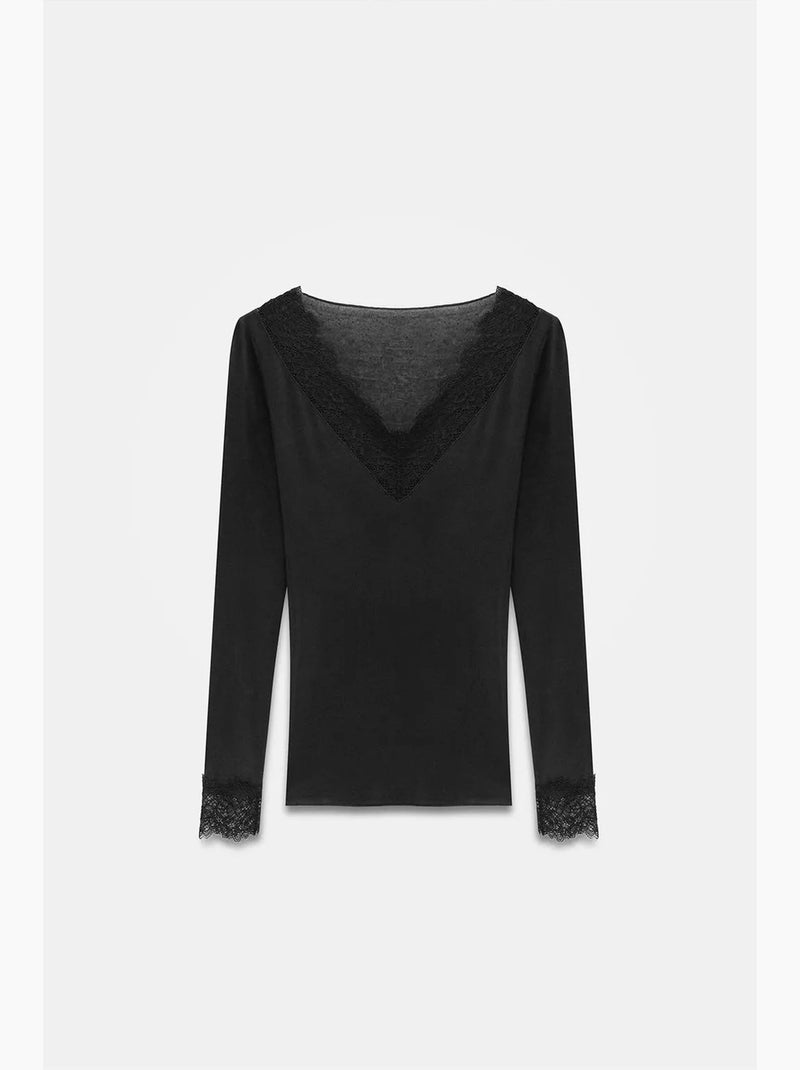 Getailleerde blouse met v-hals en kant dilvin Zwart - Kiabi