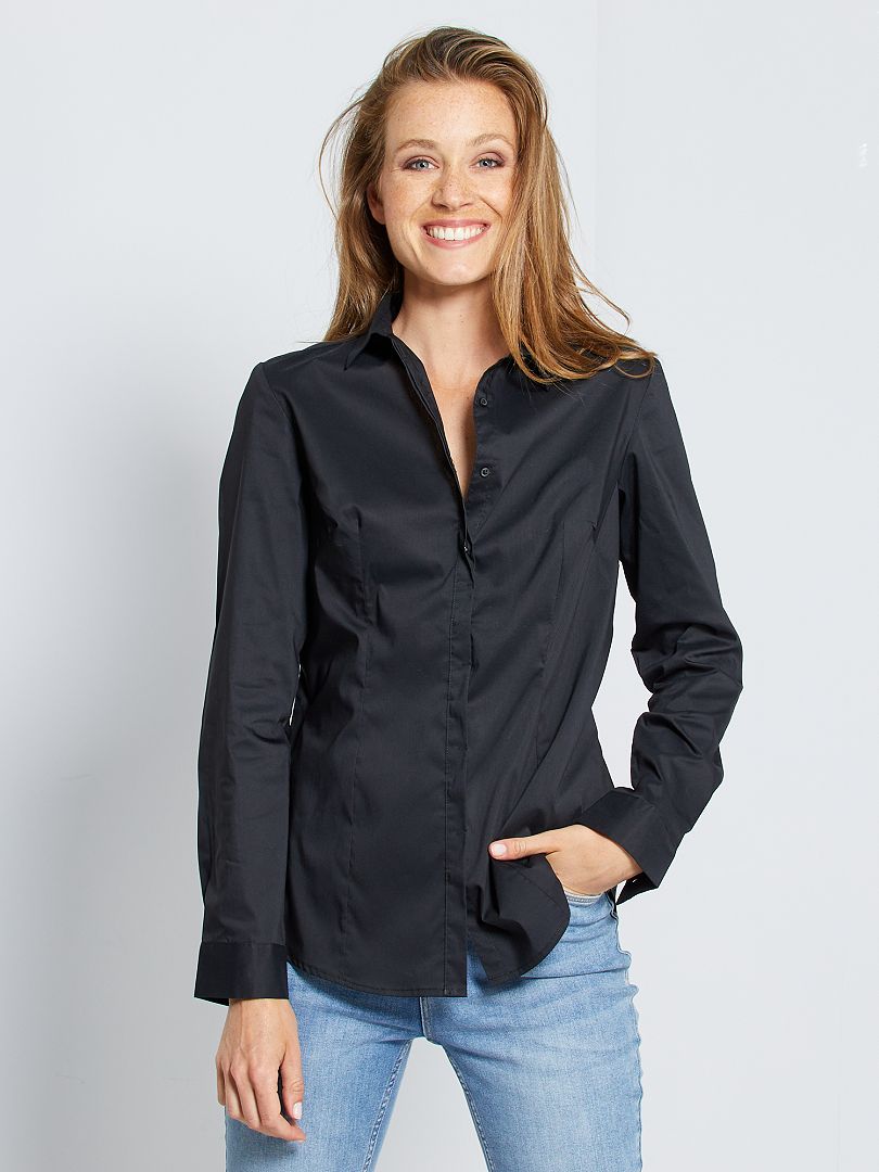 Getailleerde blouse van stretch katoen - zwart - Kiabi -