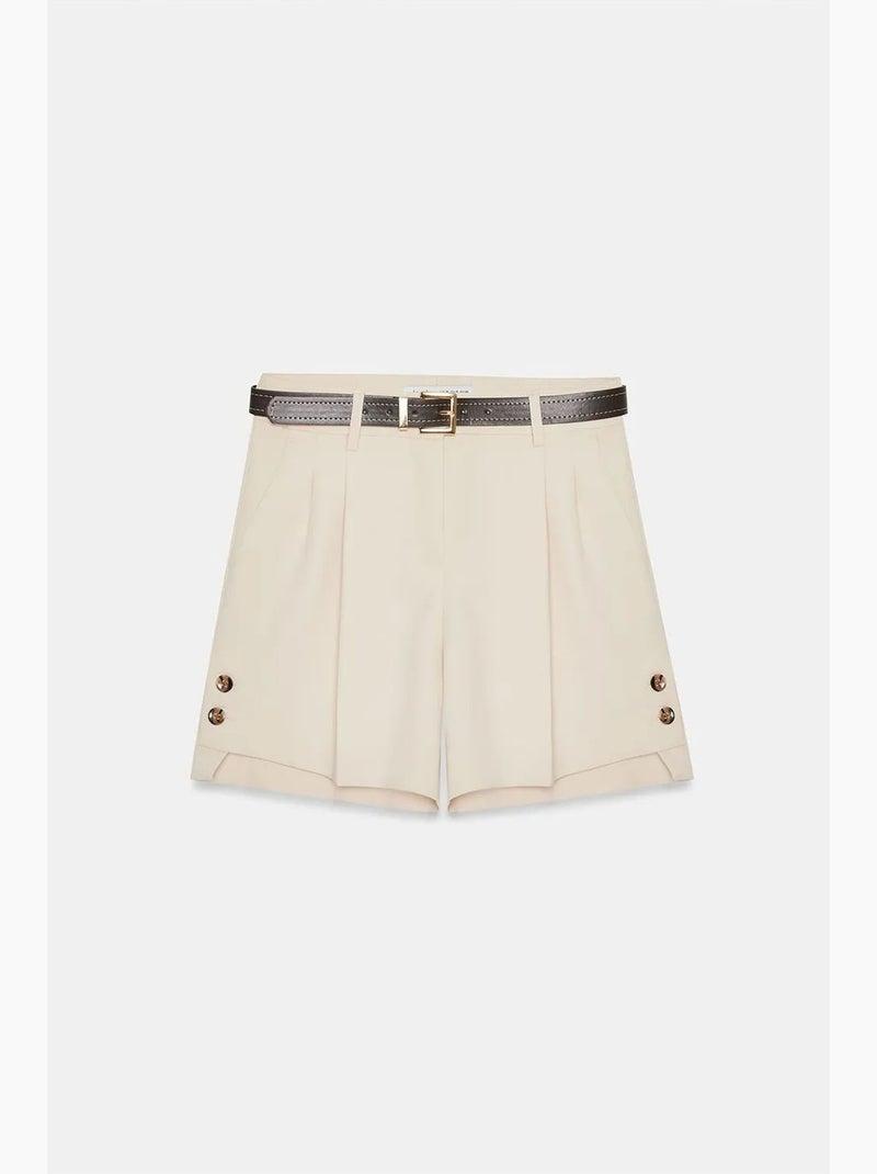 Getailleerde crêpe short met hoge taille en riem dilvin Zand - Kiabi