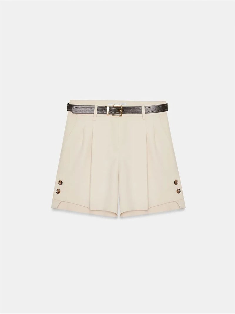 Getailleerde Crêpe Short Met Hoge Taille En Riem Zand - Kiabi