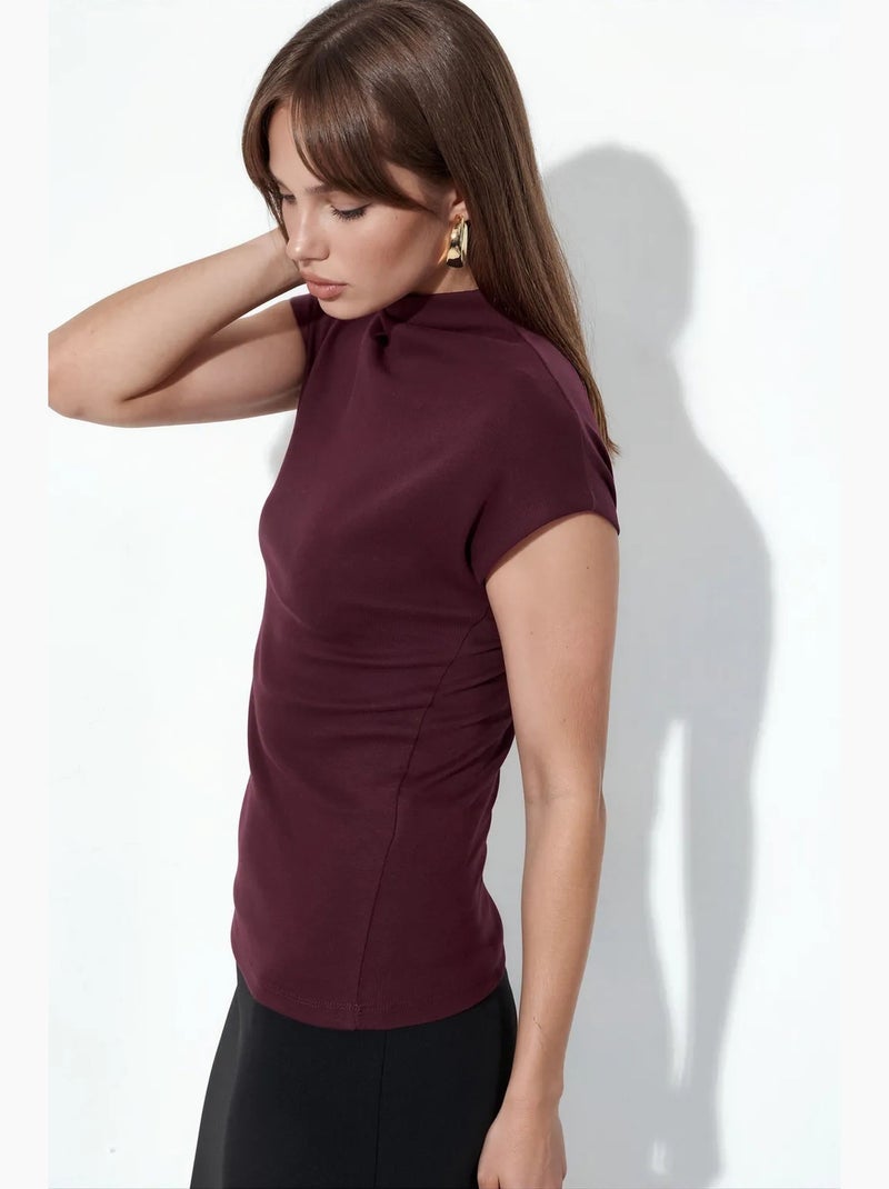 Getailleerde gebreide blouse met col en korte mouwen busem Bordeauxrood - Kiabi