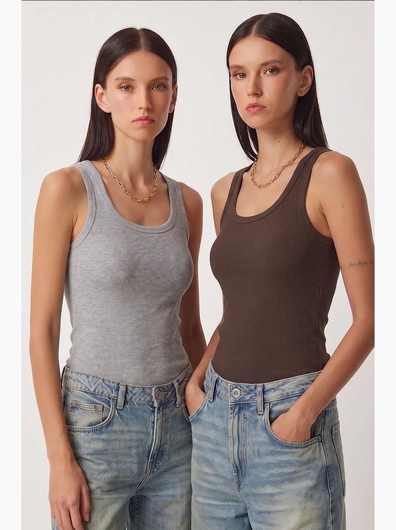 Getailleerde gebreide tanktop met u-hals, 2-pack istanbul Grijs - Kiabi
