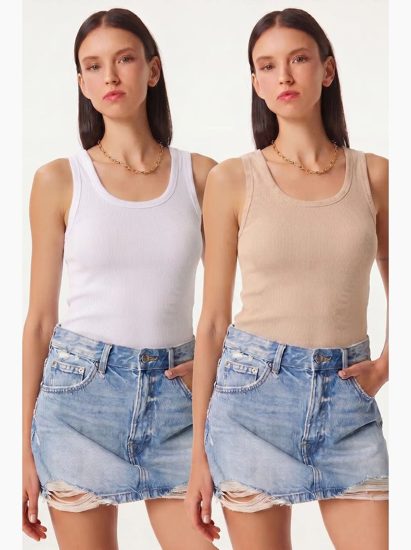 Getailleerde gebreide tanktop met u-hals, 2-pack istanbul Klei-beige - Kiabi