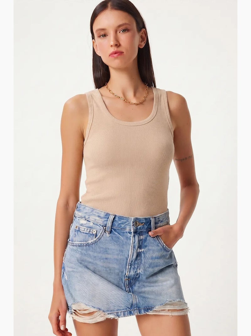 Getailleerde gebreide tanktop met u-hals, 2-pack istanbul Klei-beige - Kiabi