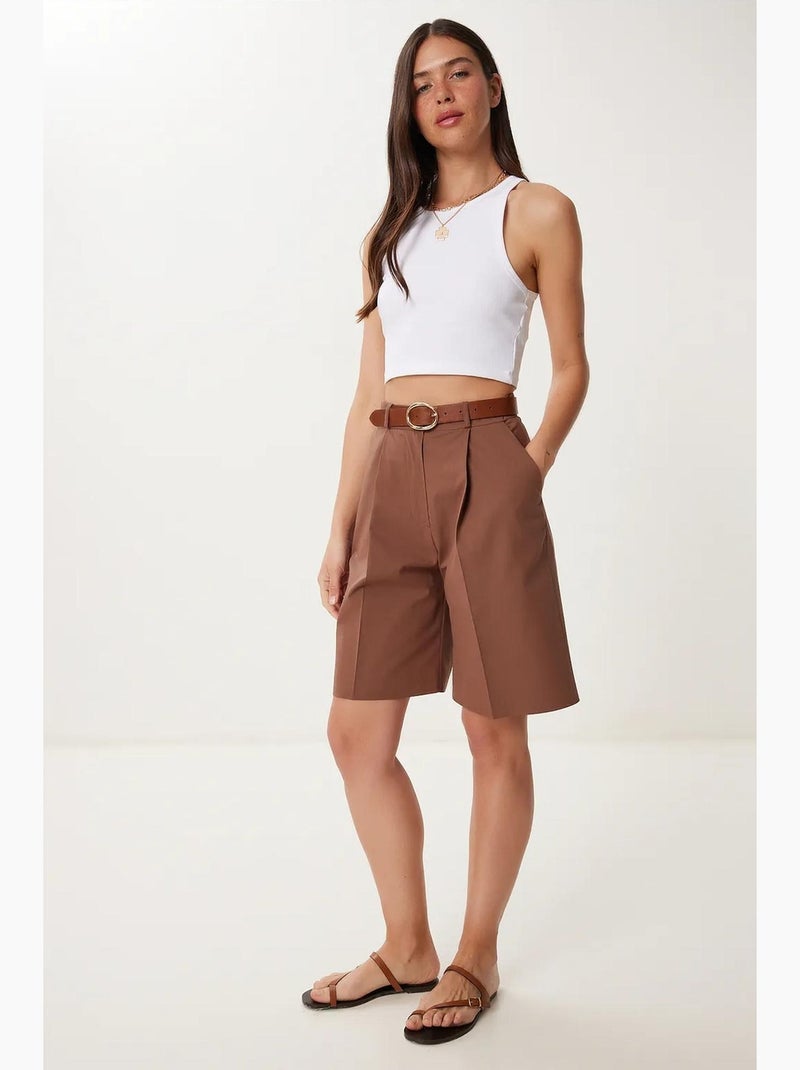 Getailleerde geweven shorts met ceintuur istanbul Chocoladebruin - Kiabi
