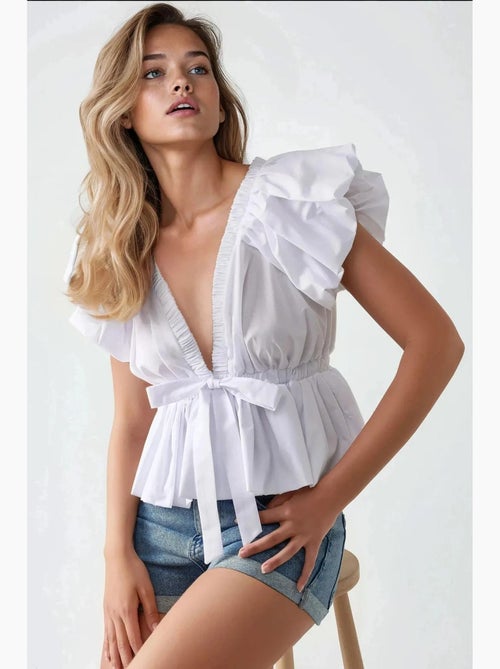 Getailleerde katoenen blouse met strikdetail hiccup - Kiabi