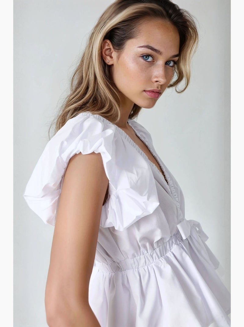 Getailleerde katoenen blouse met strikdetail hiccup Wit - Kiabi