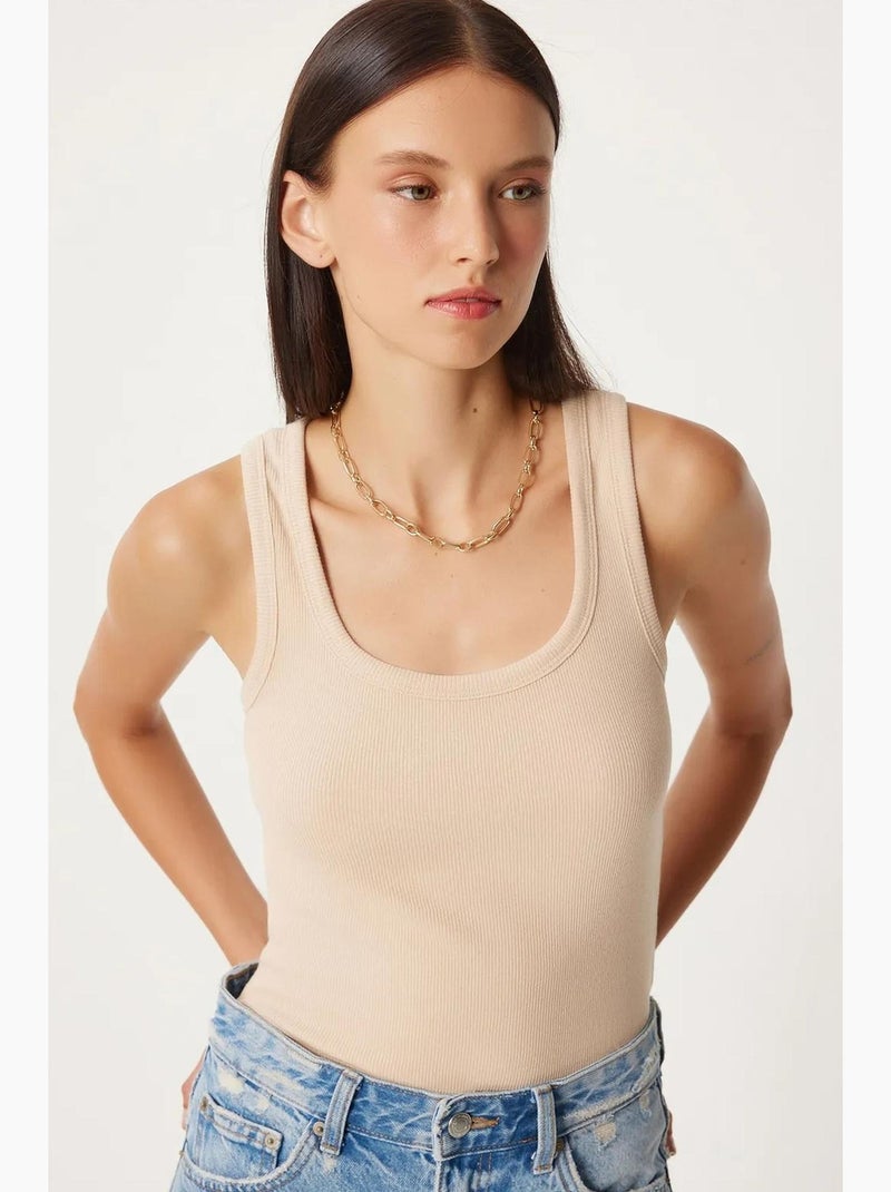Getailleerde katoenen tanktop met u-hals istanbul Crème - Kiabi