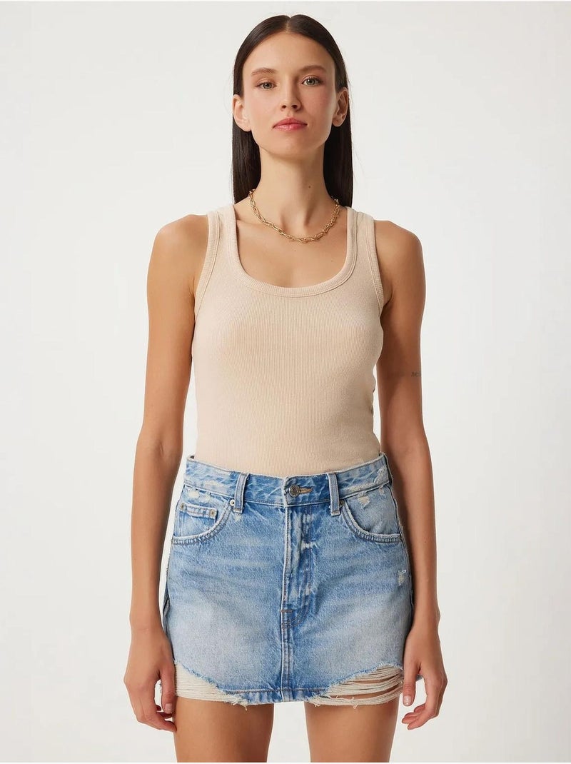 Getailleerde katoenen tanktop met u-hals istanbul Crème - Kiabi