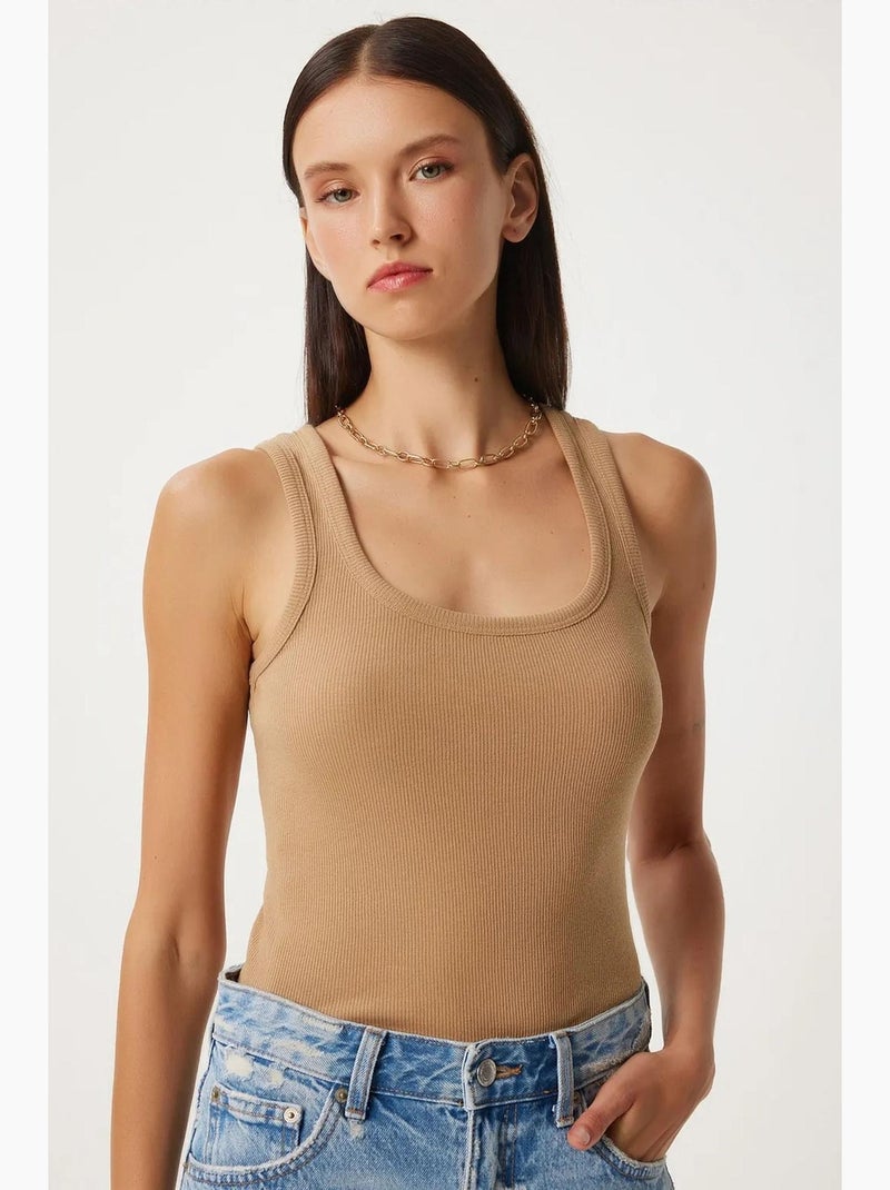 Getailleerde katoenen tanktop met u-hals istanbul Lichtbeige - Kiabi
