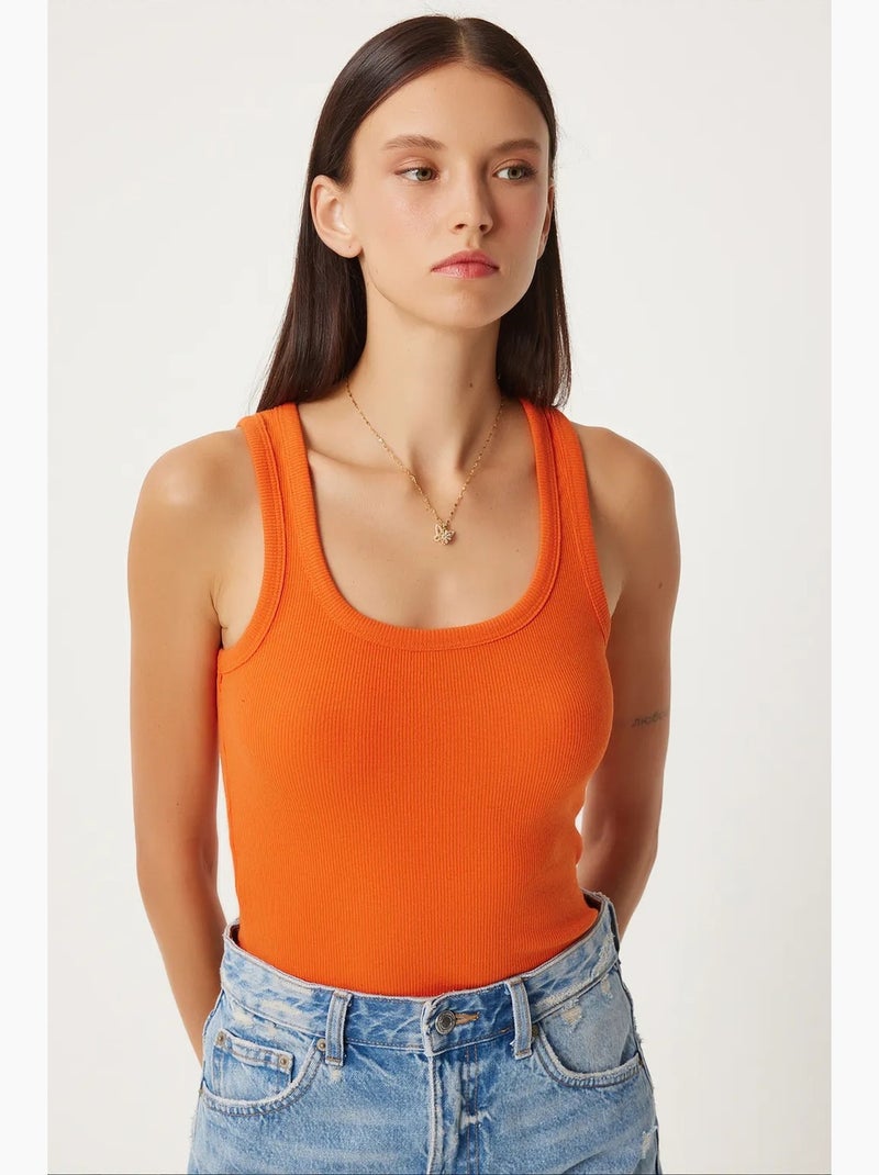 Getailleerde katoenen tanktop met u-hals istanbul Oranje - Kiabi