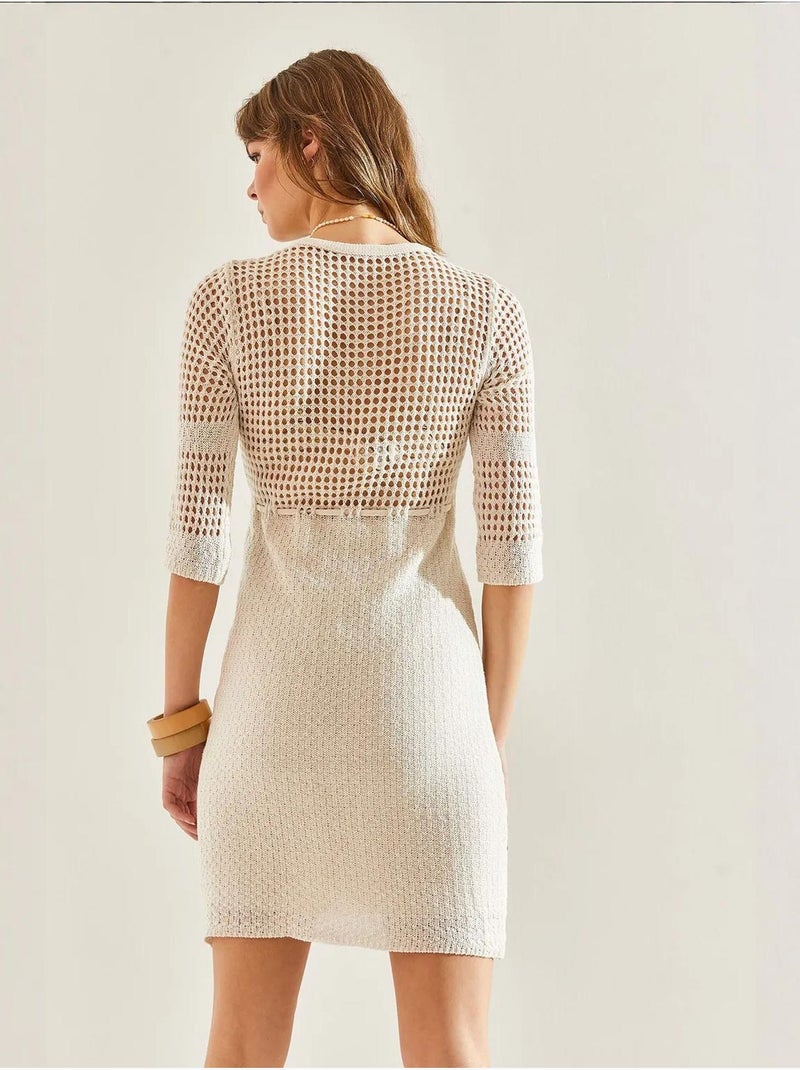 Getailleerde mini-jurk met strik en kantdetail lucci Klei-beige - Kiabi