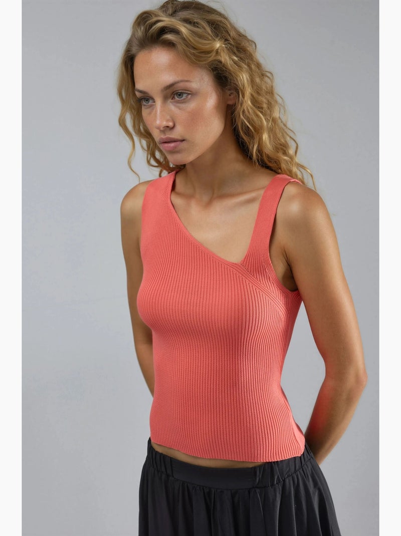 Getailleerde mouwloze gebreide top met asymmetrische halslijn en ribboord my fashion Mandarijnoranje - Kiabi