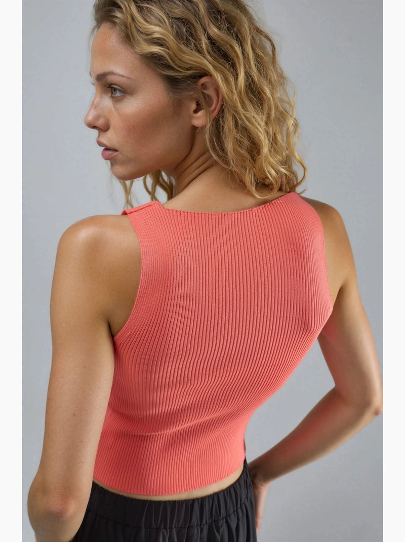 Getailleerde mouwloze gebreide top met asymmetrische halslijn en ribboord my fashion Mandarijnoranje - Kiabi