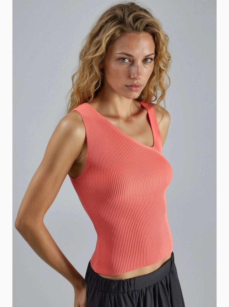 Getailleerde mouwloze gebreide top met asymmetrische halslijn en ribboord my fashion Mandarijnoranje - Kiabi