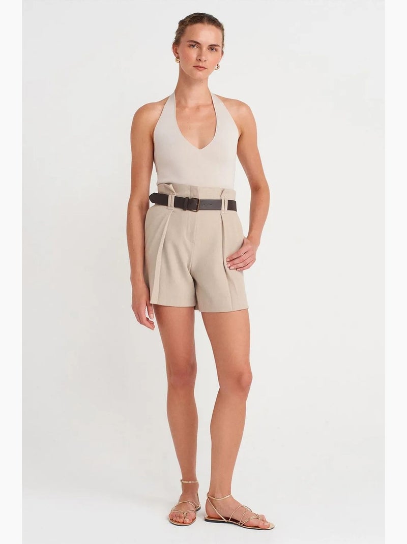Getailleerde short van crêpe met ceintuur dilvin Klei-beige - Kiabi