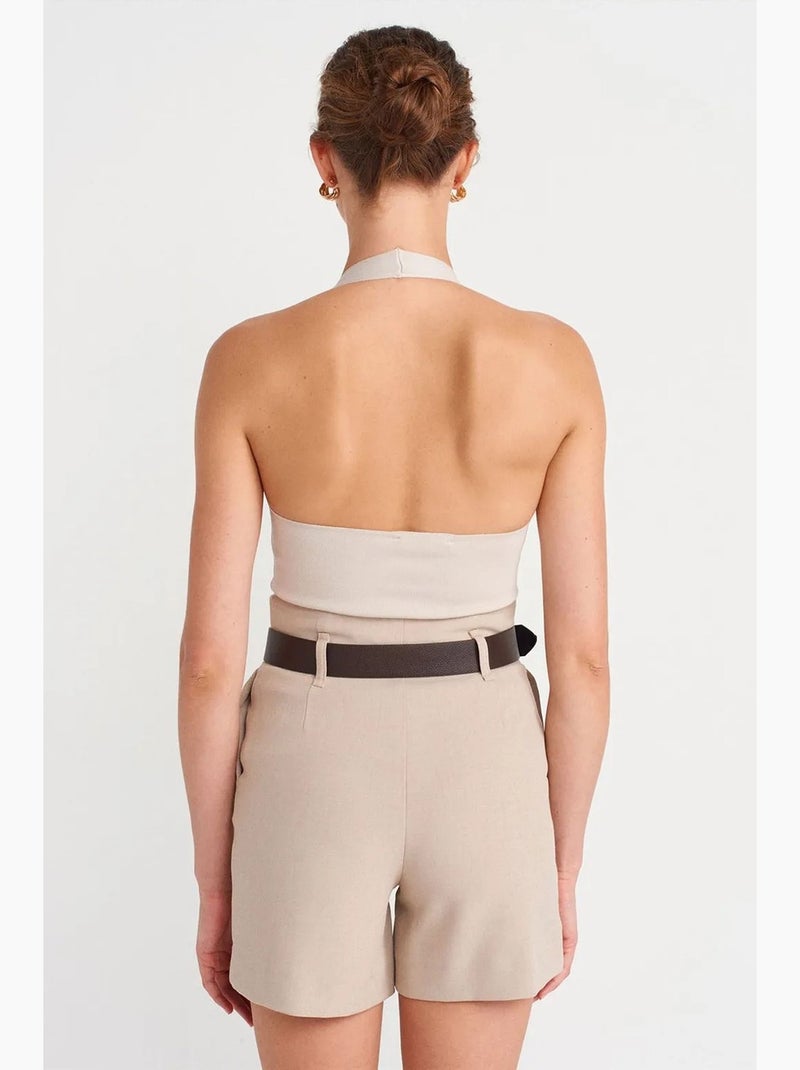 Getailleerde short van crêpe met ceintuur dilvin Klei-beige - Kiabi