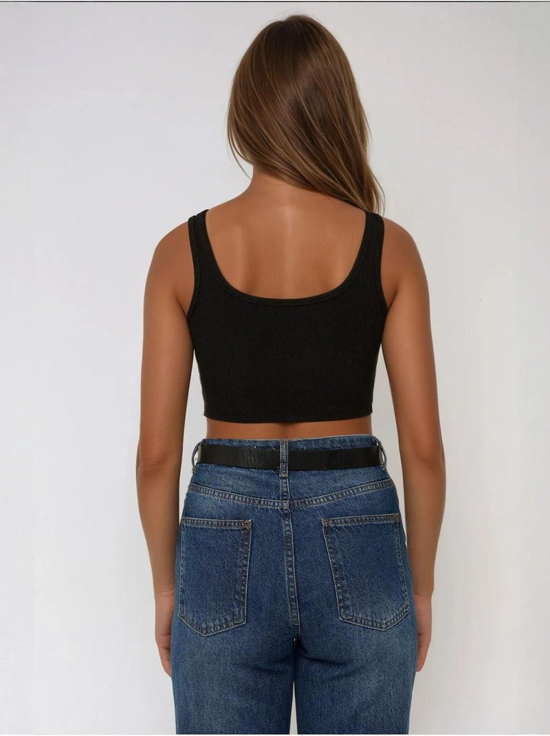 Getailleerde tanktop met ronde hals en cropped hals hiccup Zwart - Kiabi