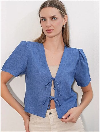 Getextureerd crop-top van linnenmix met v-hals bdart