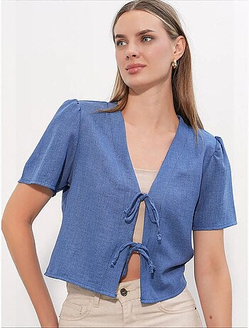 Getextureerd crop-top van linnenmix met v-hals bdart