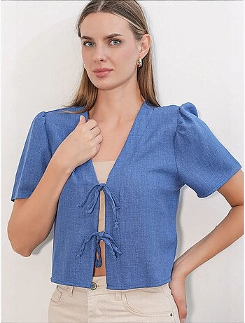 Getextureerd crop-top van linnenmix met v-hals bdart