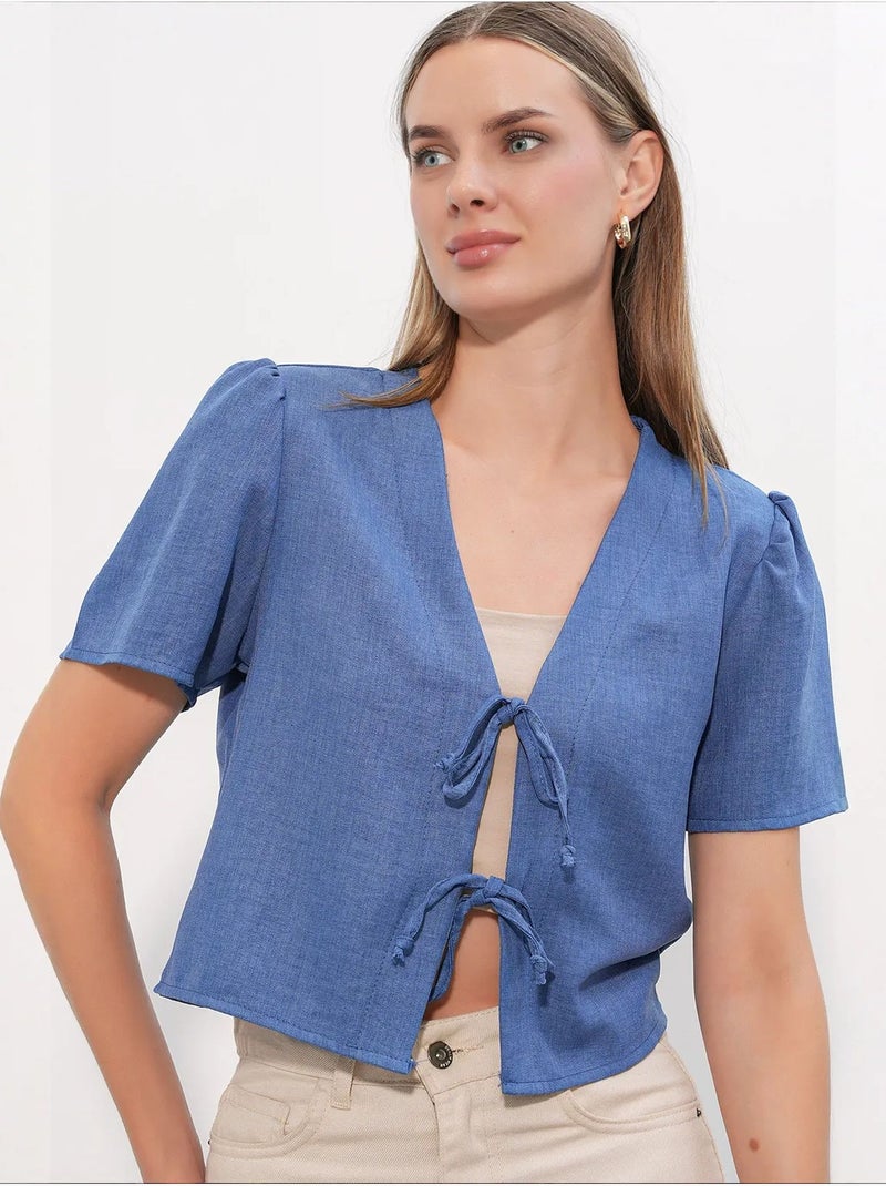 Getextureerd crop-top van linnenmix met v-hals bdart Blauw - Kiabi
