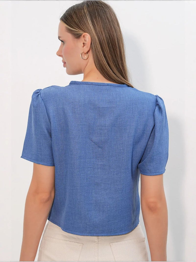 Getextureerd crop-top van linnenmix met v-hals bdart Blauw - Kiabi