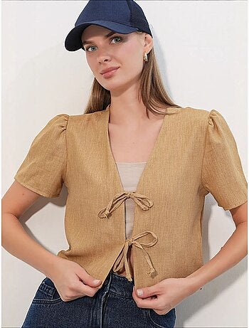 Getextureerd crop-top van linnenmix met v-hals bdart