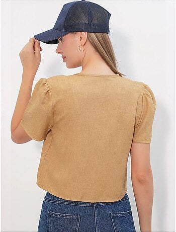 Getextureerd crop-top van linnenmix met v-hals bdart