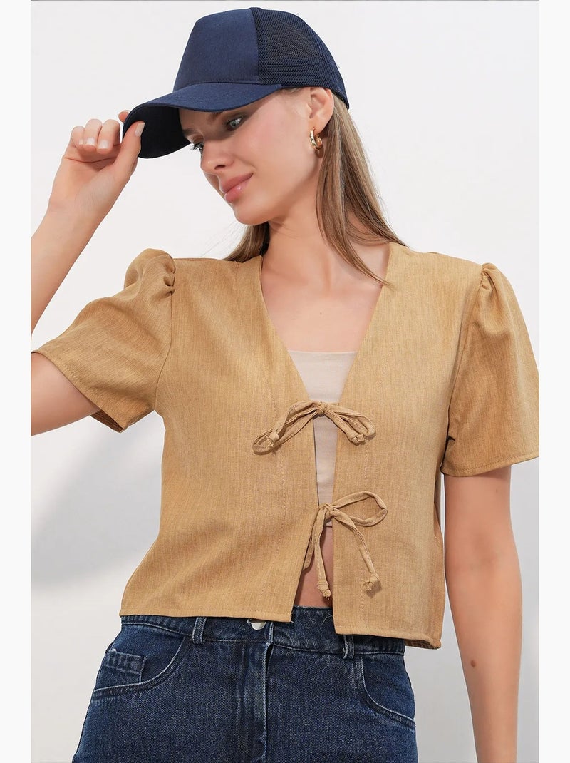 Getextureerd crop-top van linnenmix met v-hals bdart Camel - Kiabi