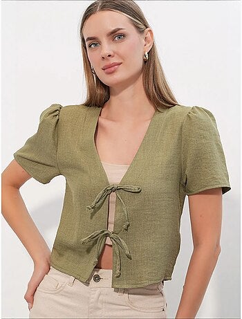 Getextureerd crop-top van linnenmix met v-hals bdart