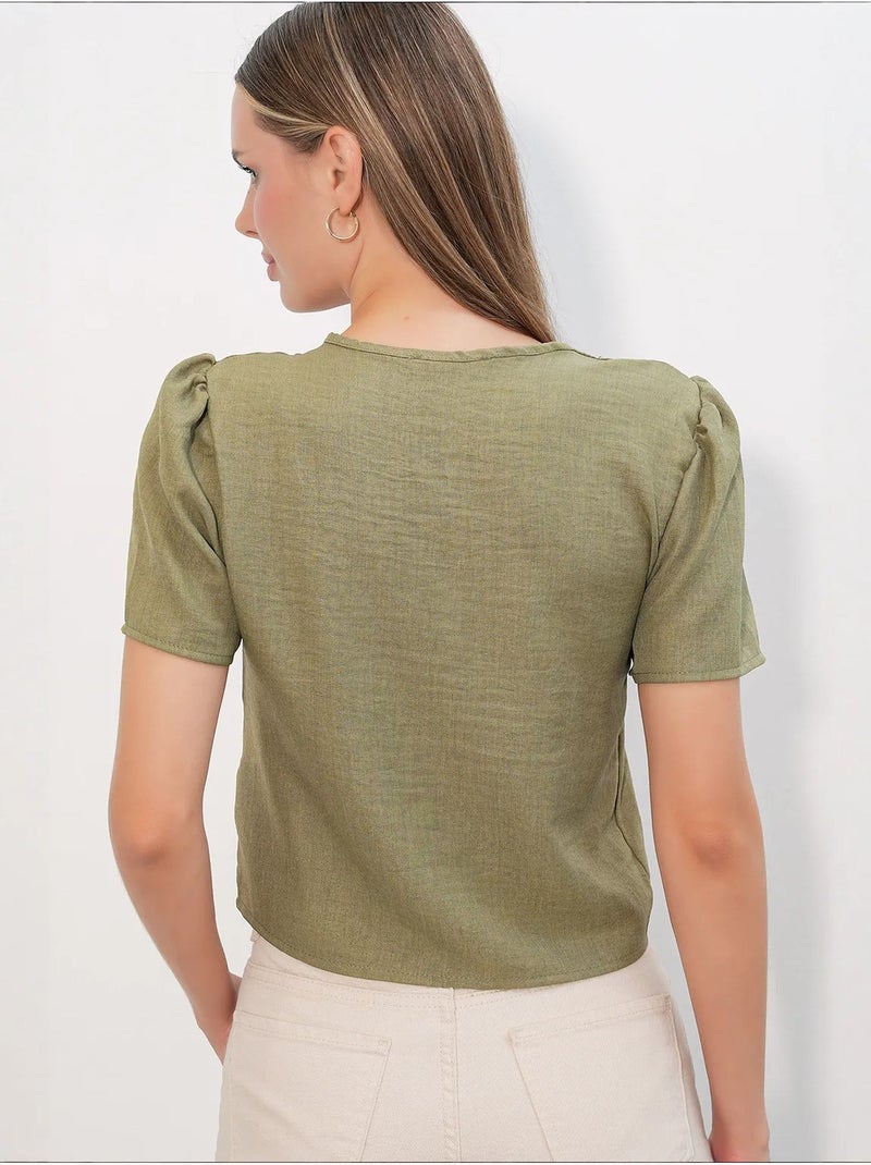 Getextureerd crop-top van linnenmix met v-hals bdart Kaki - Kiabi