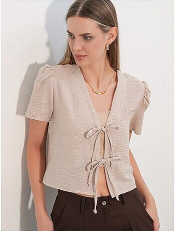 Getextureerd crop-top van linnenmix met v-hals bdart
